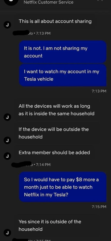 Text conversation between a customer and Netflix Customer Service discussing account sharing. Customer is told that devices outside the household require an extra member at $8/month