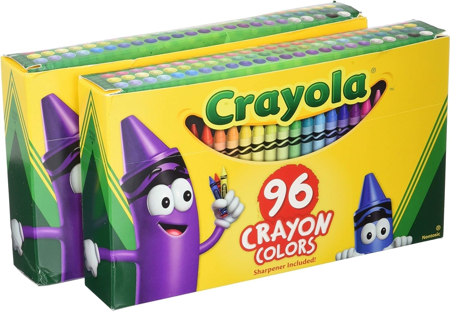 Two boxes of Crayola crayons, each containing 96 crayon colors, featuring a cheerful crayon character on the packaging