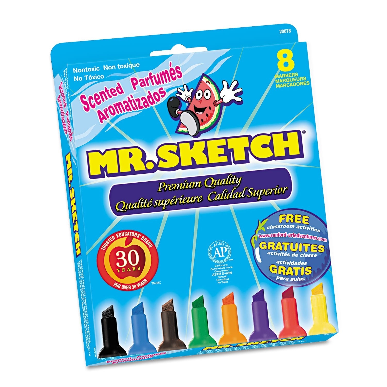 Box of Mr. Sketch scented markers, premium quality, with 8 vibrant colors. Text highlights “30 years” and “free classroom kit details inside.”