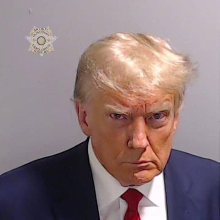 Donald Trump in a mugshot, wearing a dark suit, shirt, and tie, standing against a light background with a sheriff's badge symbol in the top left corner