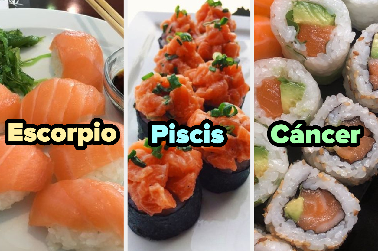 Plato de sushi con etiquetas astrológicas: "Escorpio" con sashimi, "Piscis" con rolls de salmón picado, "Cáncer" con maki de aguacate y salmón