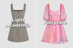 Two dresses are displayed side by side, labeled "Light Academia" and "Fairycore". The left dress is sleeveless with a square neckline and the right dress has puffed sleeves