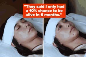 A person with long hair lies in bed with a bandage around their head