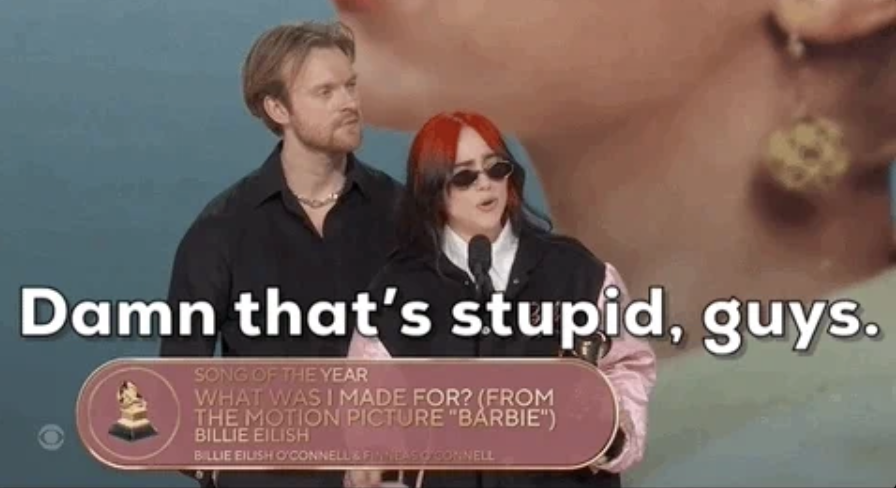 Billie Eilish and Finneas hold an award on stage with large text overlay reading, &quot;Damn that's stupid, guys.&quot;
