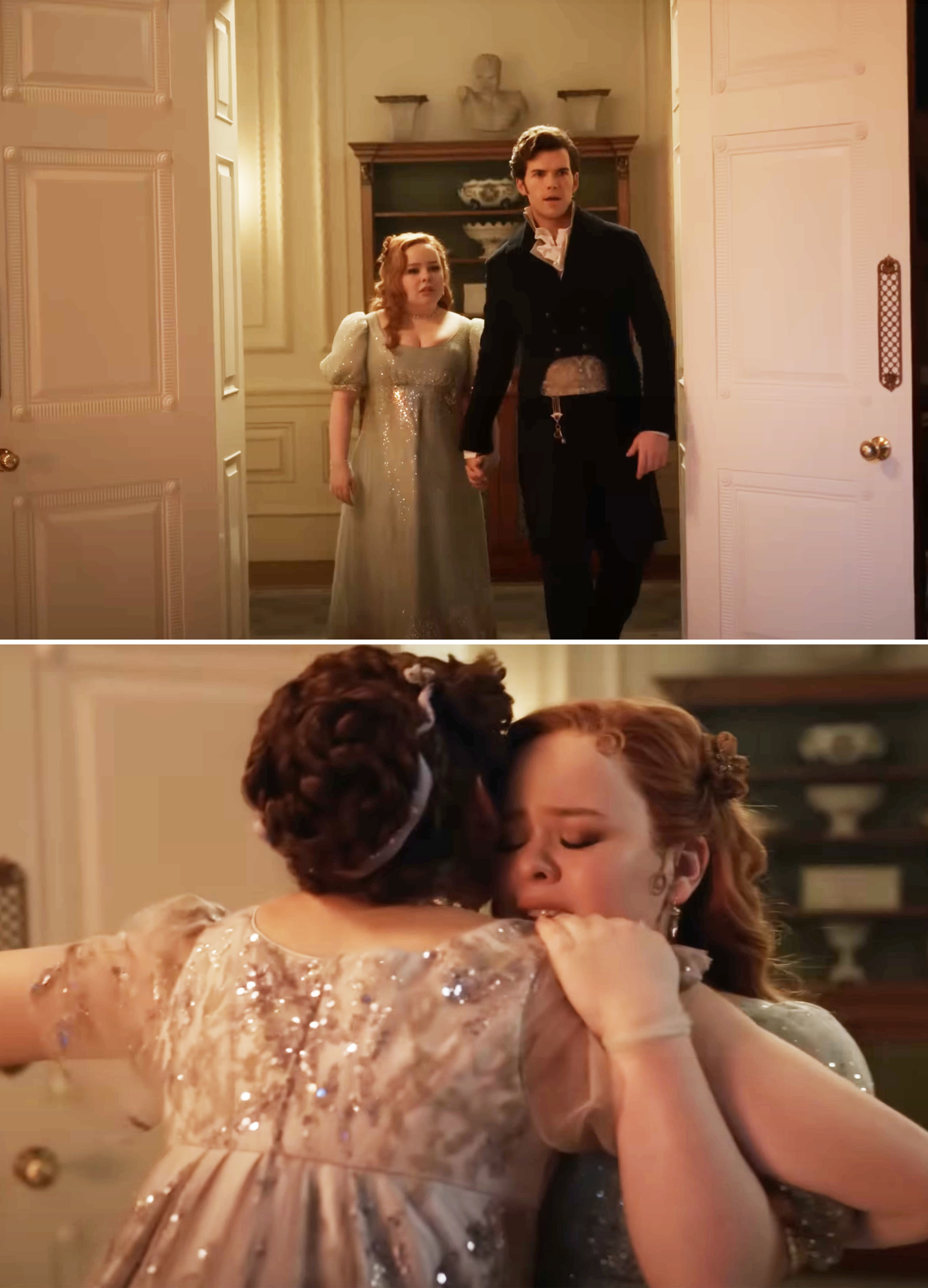 Nicola Coughlan and Luke Newton in an elegant period setting. Nicola is in a light, embellished gown while Luke is in a dark formal suit. Nicola hugs someone tightly