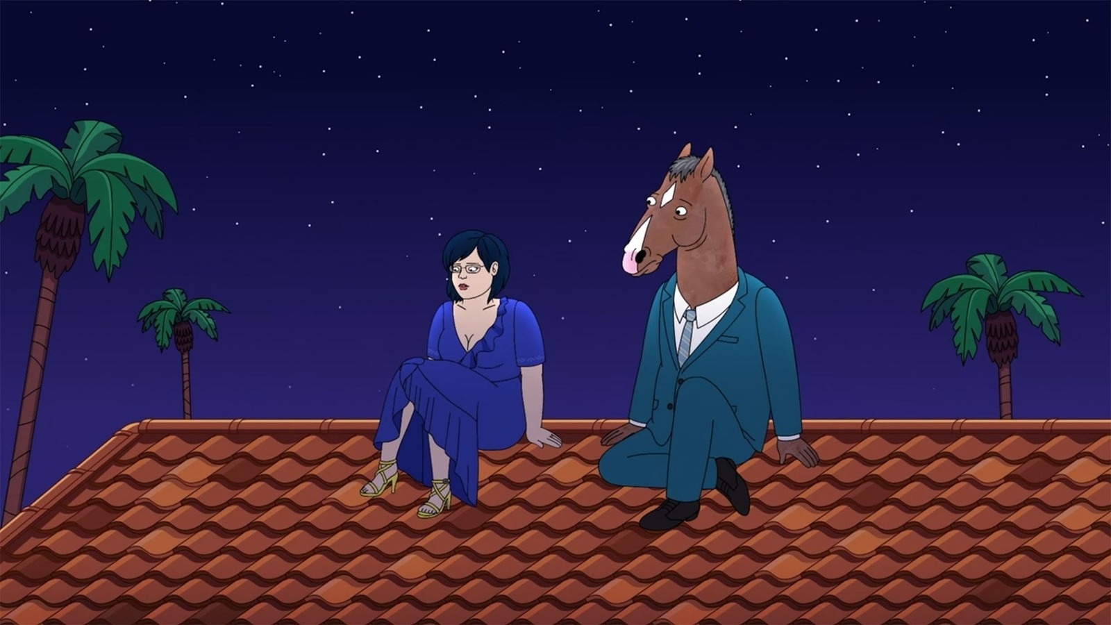 Diane Nguyen and BoJack Horseman sit on a roof at night, dressed in formal attire. Diane wears a blue dress and glasses; BoJack is in a turquoise suit