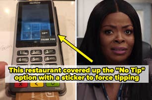 A restaurant payment terminal with the "No Tip" option covered by a sticker. To the right is a woman's concerned expression. Text: "This restaurant covered up the 'No Tip' option with a sticker to force tipping."