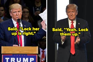 Left: Donald Trump holding papers, speaking at a rally with people in the background. Right: Donald Trump speaking on stage, clapping hands. Both text refer to locking someone up
