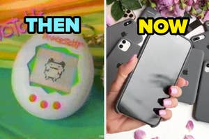 A split image of a Tamagotchi from the past ("Then") and modern smartphones held by a hand ("Now"), illustrating the evolution of technology