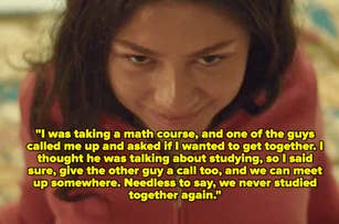 Zendaya in "Challengers" with text telling a story of a person who accidentally invited a study partner on a date