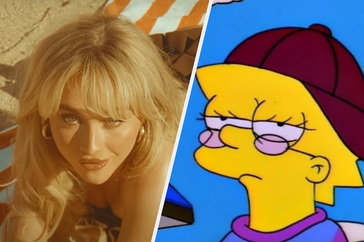 Sabrina Carpenter lies on a beach towel next to Lisa Simpson, who wears a red hat and glasses