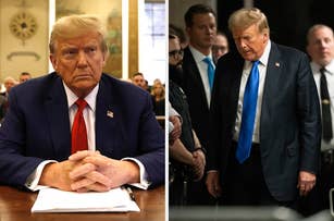 Donald Trump seated in court with hands clasped; second image shows Trump in a courtroom surrounded by law enforcement, wearing a suit and blue tie