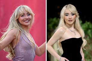 Sabrina Carpenter at two events: left in a sleeveless glittering dress, smiling with loose hair; right in a strapless black dress, posing with wavy hair