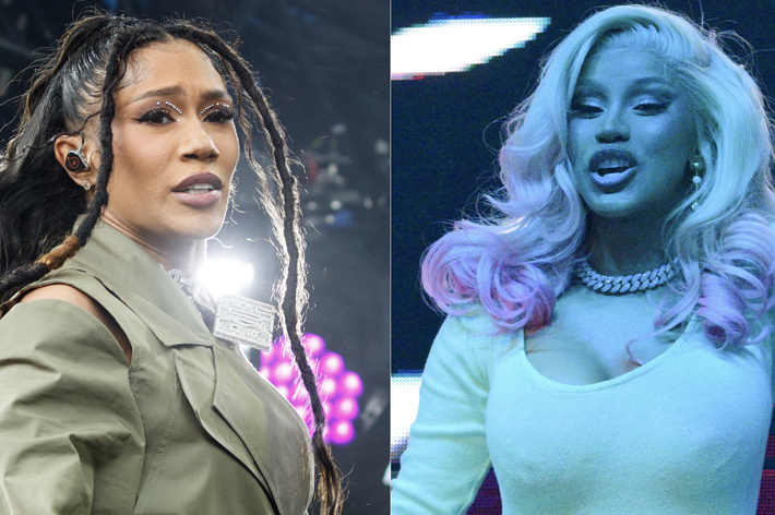 Bia performing on stage with long braided hair, wearing a stylish green outfit. Cardi B at another performance, hair styled in loose curls, wearing a fitted dress