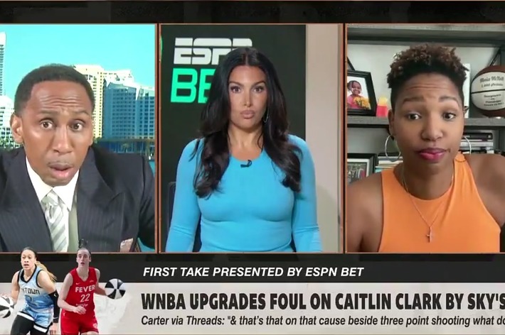 Stephen A. Smith, Molly Qerim, and Monica McNutt discuss a WNBA foul on Caitlin Clark. Text below reads: "WNBA upgrades foul on Caitlin Clark by Sky's Cheyenne Parker."