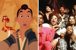 On the left, animated characters Mulan and Mushu are surprised. On the right, the characters from Paris Is Burning pose dramatically