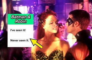 Batman (George Clooney) and Poison Ivy (Uma Thurman) in conversation at a party, with a choice featuring a yellow arrow pointing to "Never seen it."