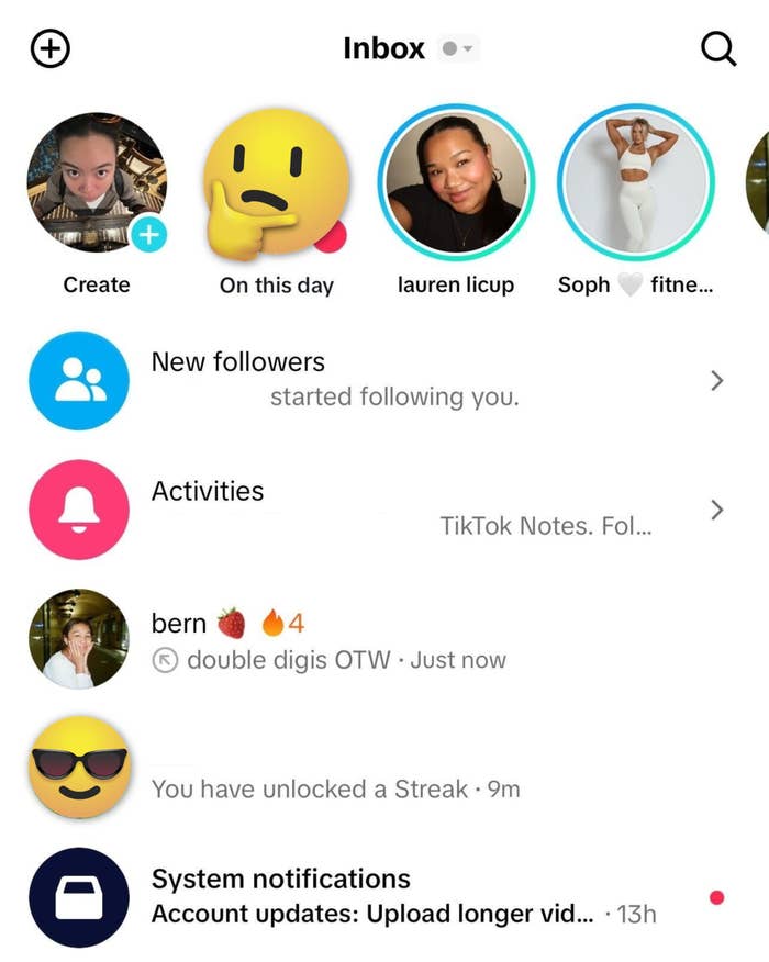 Instagram notifications screen showing new follower, activities, a streak unlocked, and system notifications. Top row features profile pictures of Eunice Wong, Lauren Licup, and "Soph fitness"