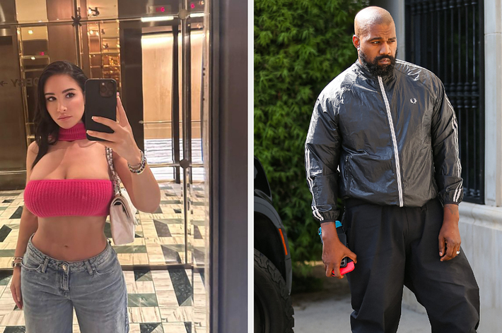 Two individuals in separate images: On the left, a woman in a crop top and jeans takes a mirror selfie; on the right, a man in a jacket and pants holds a red object