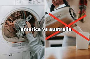 Side-by-side images show an open dryer with clothes and a person pouring hot water from an electric kettle into a cup, labeled "america vs australia."