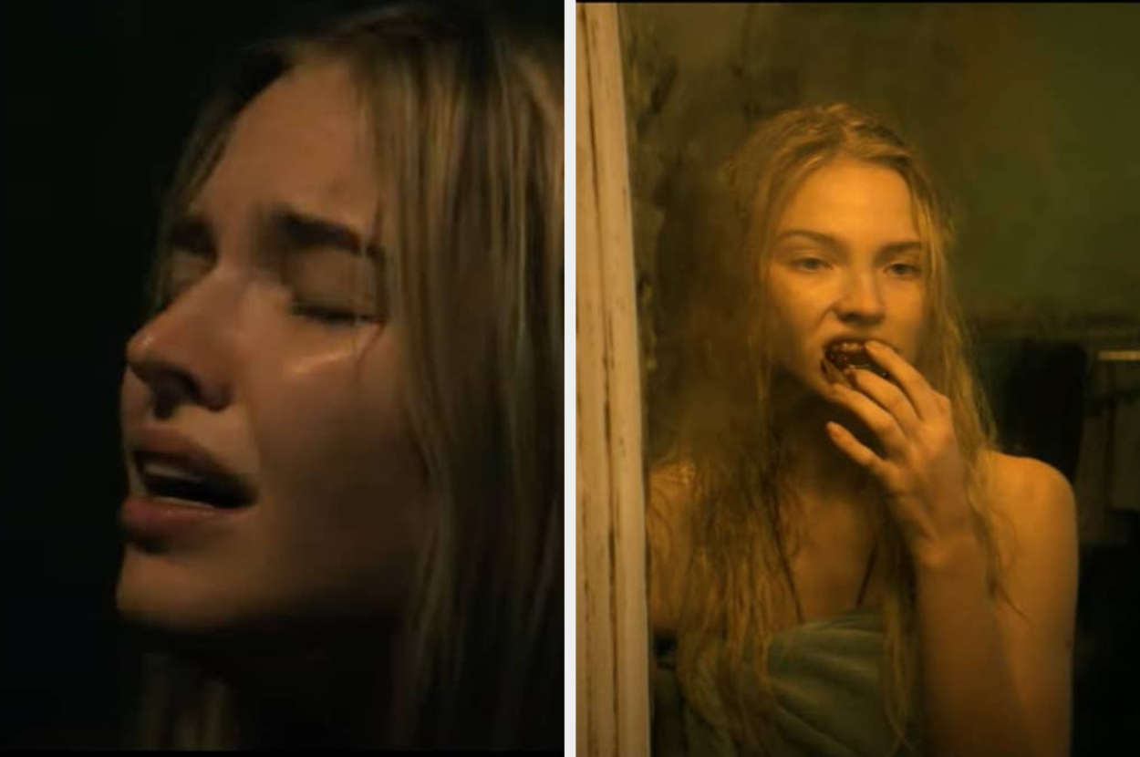 left: woman distressed and right: same woman touching bloodied mouth in mirror, both clips from latency movie
