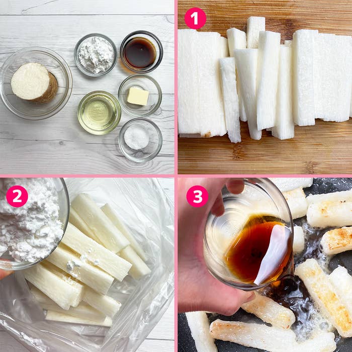 レシピ手順イメージ。1. 長芋をスライス。2. スライスを片栗粉と混ぜる。3. 調味料を加えてフライパンで調理。