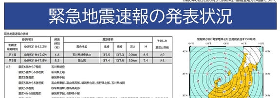 緊急地震速報が発表された範囲。気象庁の資料「令和6年6月3日6時31分頃の石川県能登地方の地震について～」より