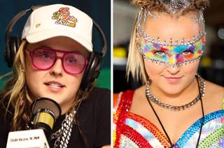 JoJo Siwa speaking at a mic with headphones and colorful glasses; on the right, JoJo Siwa wearing a rainbow-patterned mask and sparkly outfit