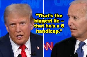 Split image featuring Donald Trump and Joe Biden during a CNN event. Quote overlay: "That's the biggest lie – that he's a 6 handicap."