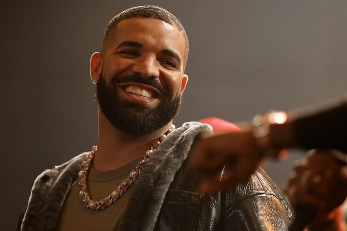Drake, wearing a casual shirt and a bejeweled necklace, smiles during a live event