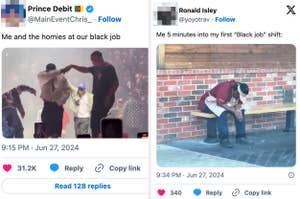 A tweet from Prince Debit shows people dancing at a concert. Another tweet from Ronald Isley shows a worker looking tired on a break