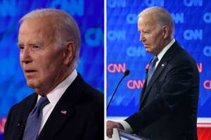 Joe Biden at a CNN event, shown in two images: on the left, a close-up during a speech; on the right, standing behind a podium in a suit and tie