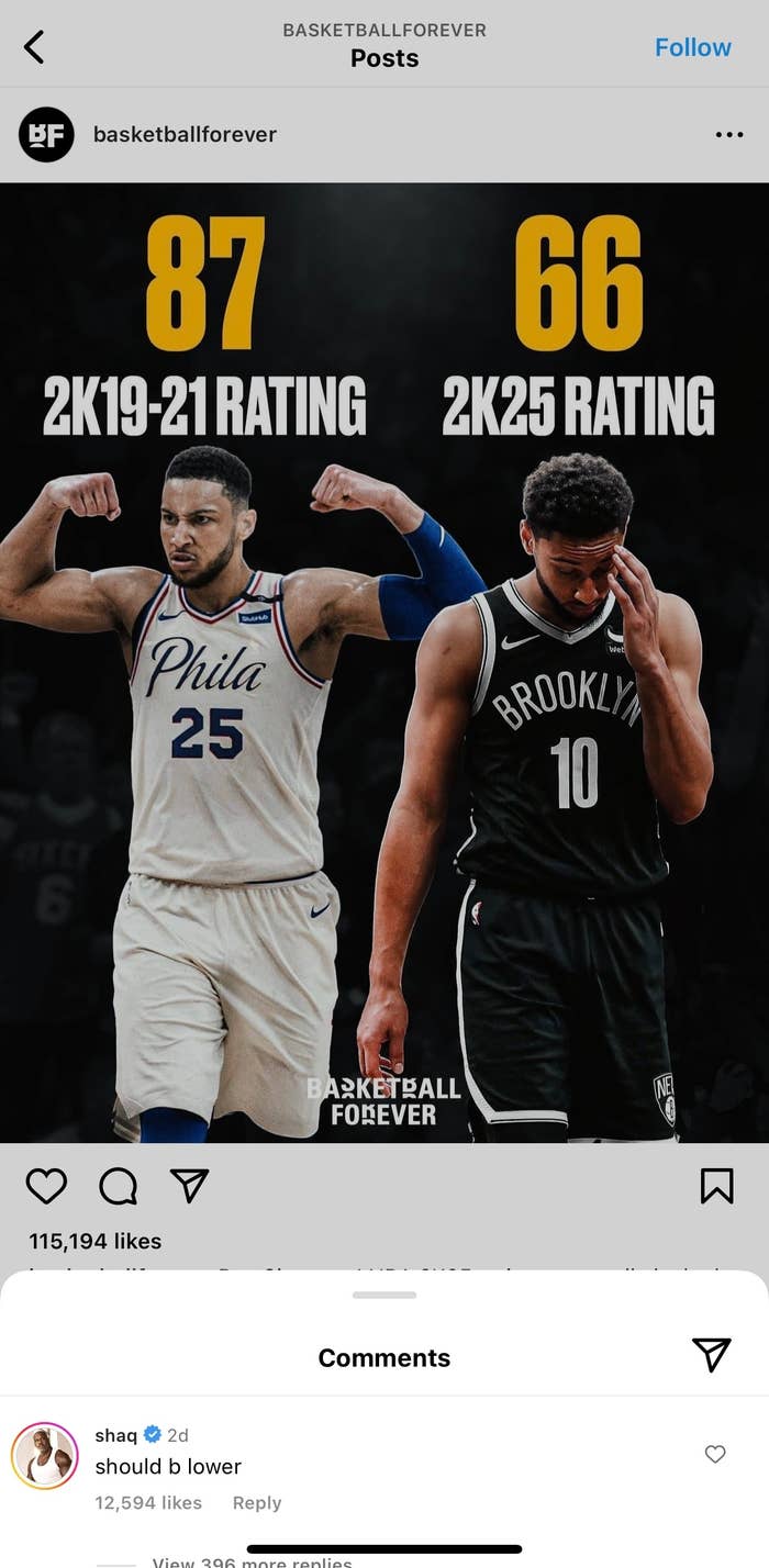 Ben Simmons, in a Philadelphia jersey, points up, juxtaposed to himself in a Brooklyn jersey looking down. Text: &quot;87 2K19-21 Rating&quot; and &quot;66 2K25 Rating&quot;. Shaq comments, &quot;should b lower&quot;