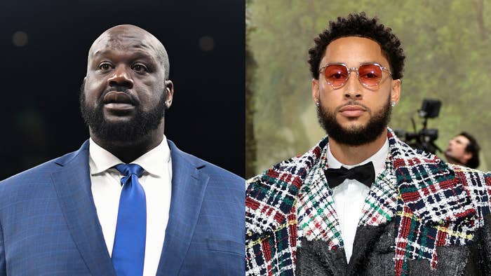 Shaquille O&#x27;Neal in a blue suit and tie is next to Ben Simmons wearing a patterned suit jacket and bow tie