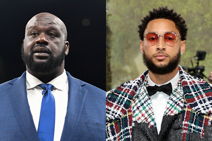 Shaquille O'Neal in a suit and blue tie next to Ben Simmons in a patterned suit and bow tie