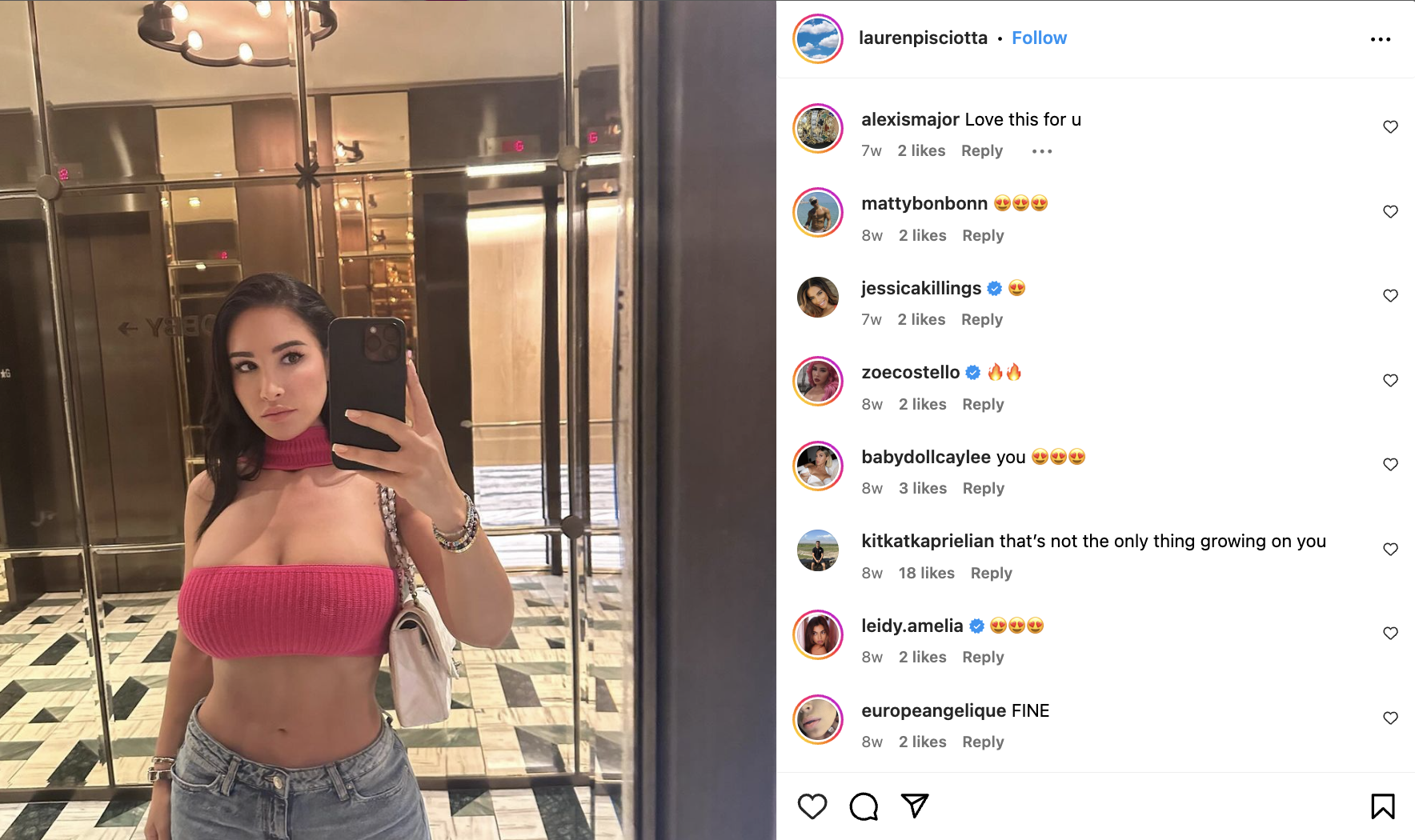Lauren Pisciotta poses in a mirror selfie, wearing a cropped top and jeans. Comments from her Instagram followers are visible on the right