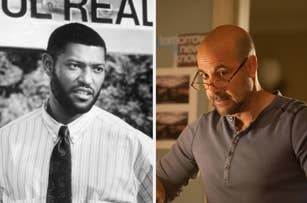 Split image featuring Laurence Fishburne in a striped shirt and tie on the left, and Stanley Tucci wearing glasses and a casual shirt on the right