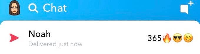 Snapchat interface showing a chat with Noah. They have a 365-day Snapstreak, indicated by fire, sunglasses, and smiling face emojis. "Delivered just now"
