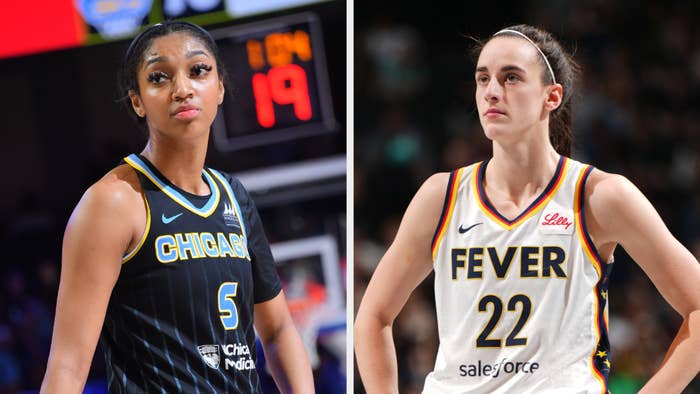 Chicago Sky&#x27;s Angel Reese and Indiana Fever&#x27;s Caitlin Clark in basketball uniforms during a game