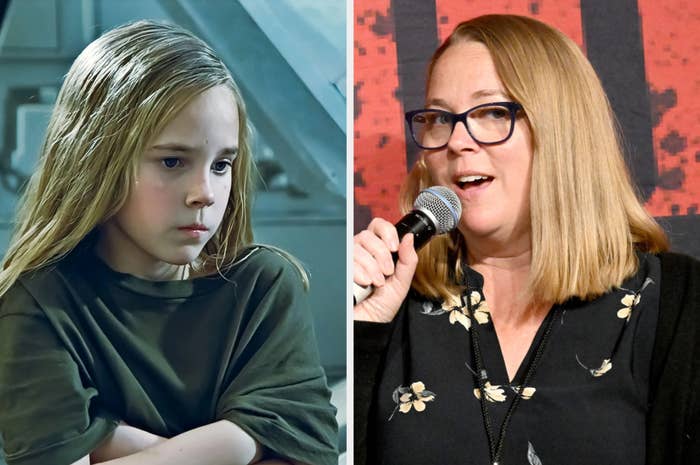 Left: Vivien Lyra Blair with a serious expression. Right: Annabeth Gish speaks into a microphone at an event
