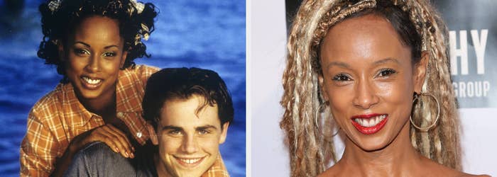 Left image: Trina McGee and Rider Strong pose together with smiles. Right image: Trina McGee is smiling and wearing a red off-the-shoulder top with large hoop earrings
