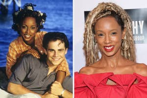 Left image: Trina McGee and Rider Strong pose together with smiles. Right image: Trina McGee is smiling and wearing a red off-the-shoulder top with large hoop earrings
