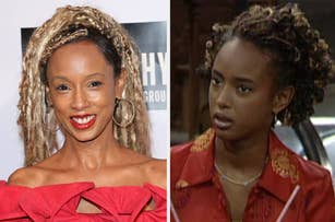 Two images of actress Rachel True: on the left, she is at an event wearing a stylish off-the-shoulder top and hoop earrings; on the right, she is in a scene from a show