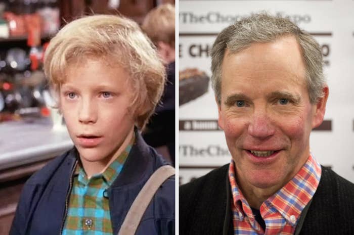 Side-by-side images of Peter Ostrum as a child and as an adult. Left: Peter Ostrum as a child in a movie scene. Right: Peter Ostrum as an adult at an event