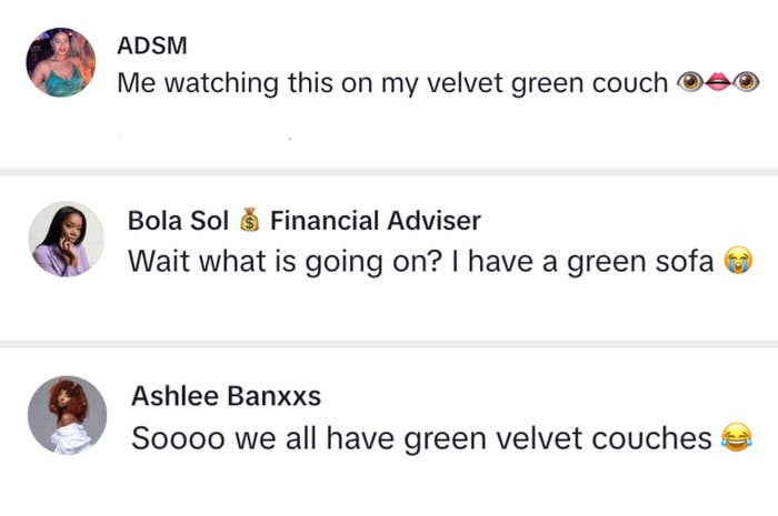 A series of social media comments from ADSM, Bola Sol, and Ashlee Banxxs discussing that they all own green velvet couches