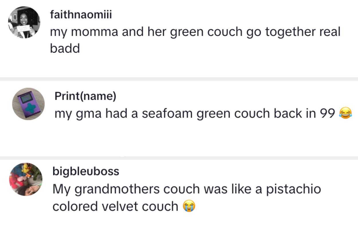 User comments reminiscing about their grandmothers' couches, describing colors like green, seafoam green, and pistachio velvet