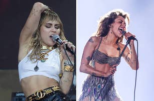 Miley Cyrus performing on stage in two side-by-side images, wearing a crop top and leather pants on the left, and a sequined outfit on the right