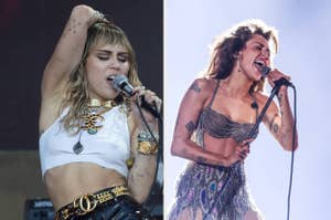 Miley Cyrus performing on stage in two side-by-side images, wearing a crop top and leather pants on the left, and a sequined outfit on the right