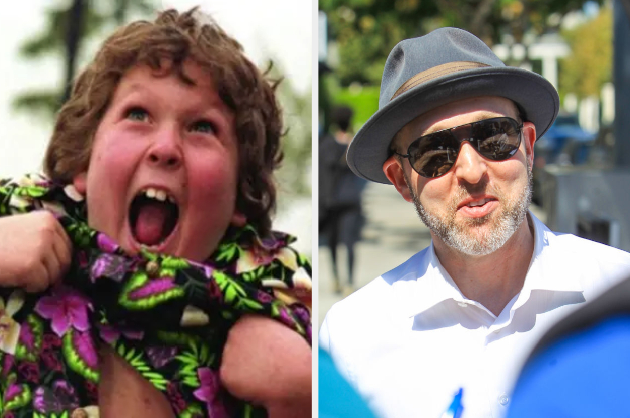 Left: Chunk (Jeff Cohen) from "The Goonies" doing the "Truffle Shuffle." Right: Jeff Cohen as an adult, wearing sunglasses and a hat, smiling