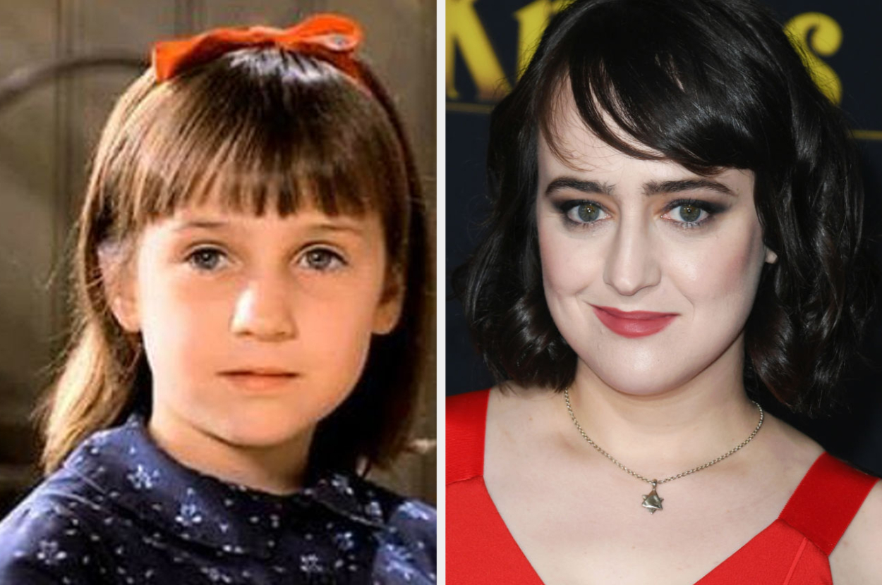 Side-by-side images of Mara Wilson: left, as a child in "Matilda" with a red bow; right, as an adult in a red dress and necklace